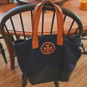 TORY BURCH coated canvas tote blue/green/ tan